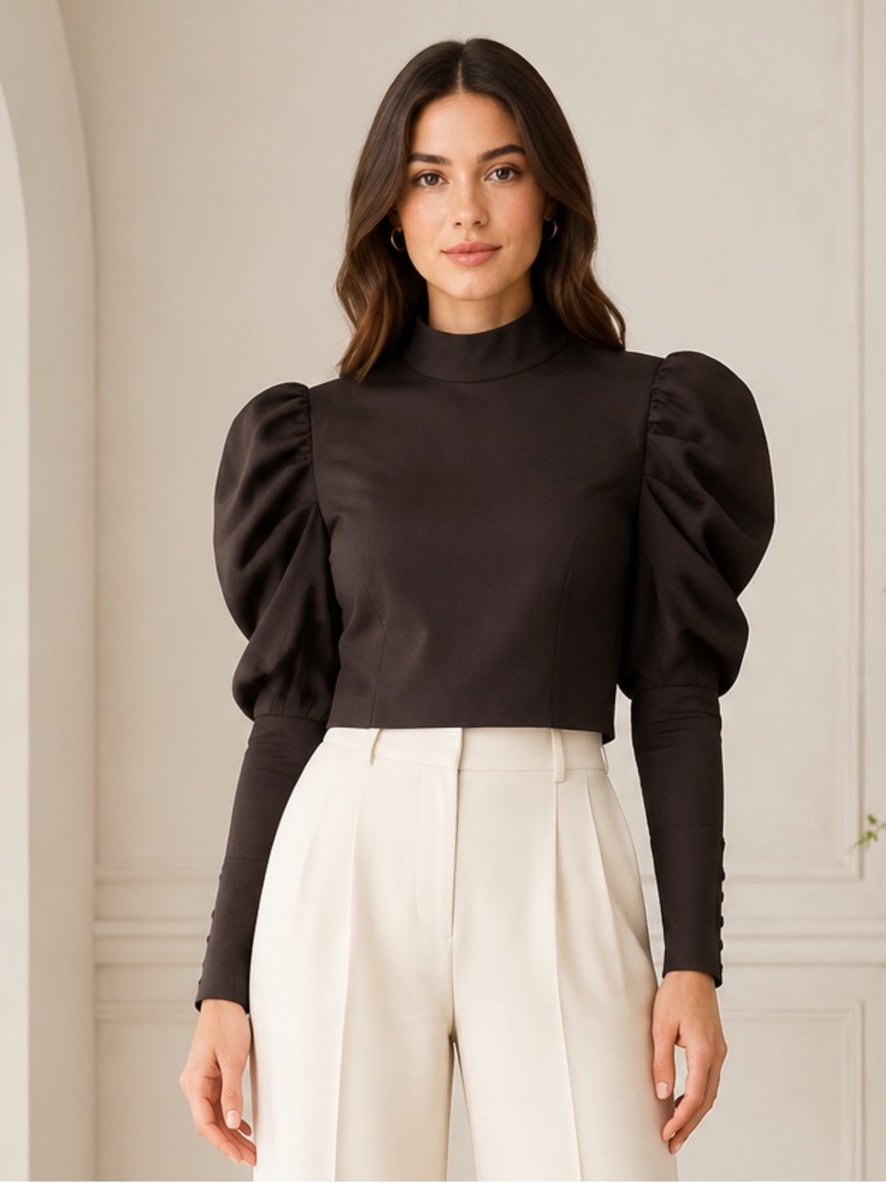 Alice + Olivia Black Dramatic Puff Sleeve Cropped Top Size 8